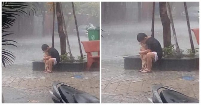 Niño abraza a su perro bajo la lluvia para evitar que los separen